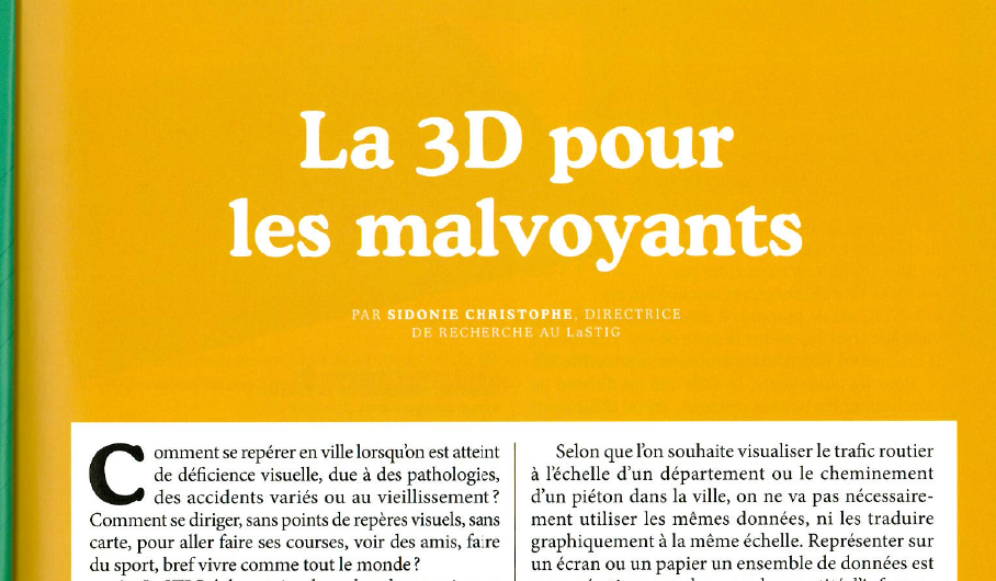 Les premières lignes de l'article: la 3D pour les malvoyants, par Sidonie Christophe, directrice de recherche au LaSTIG.